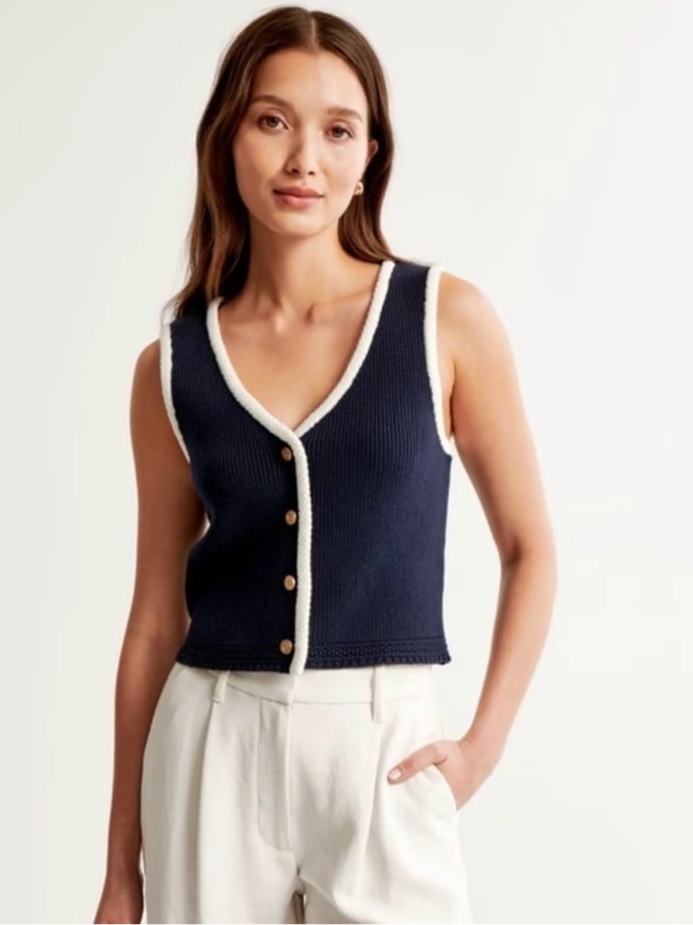 Abercrombie & Fitch Navy Sweater Vest with White Trim Size Medium